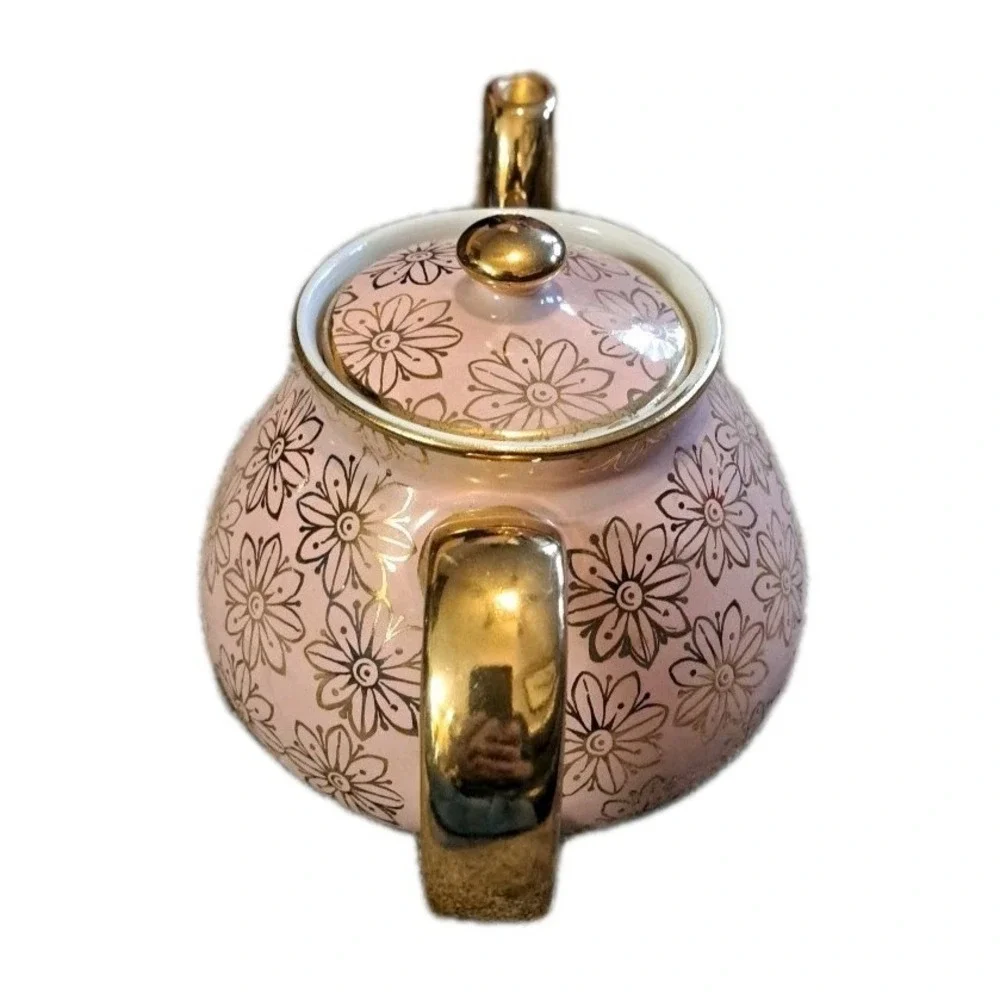 Hall China Pink Gold Label New York Flower Teapot Tea Pot 6 Cup Mid Century‎ USA